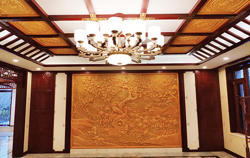 曲江中式别墅客厅中式木作横梁吊顶装饰展示